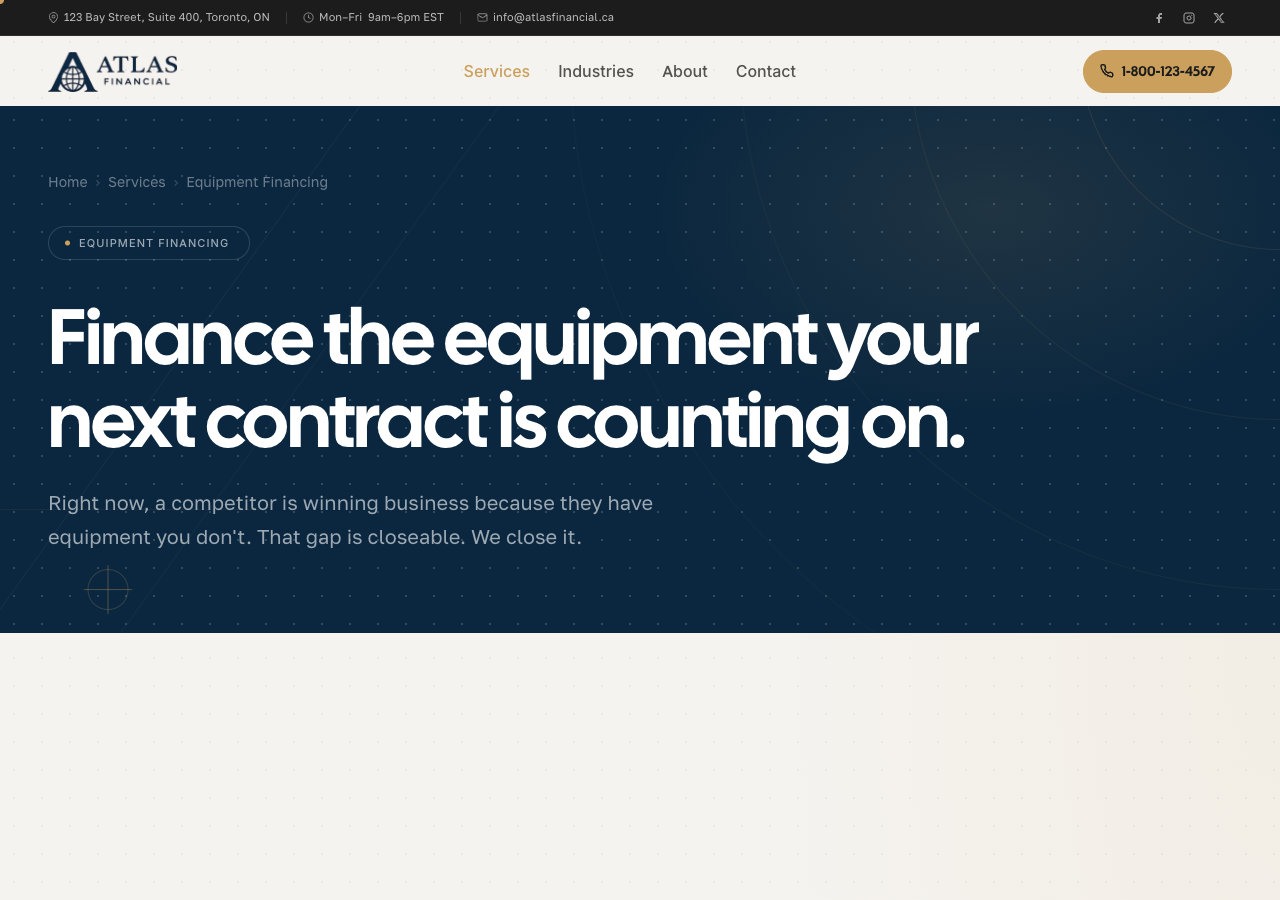 Atlas Financial — Equipment Financing inner page: Finance the equipment your next contract is counting on.