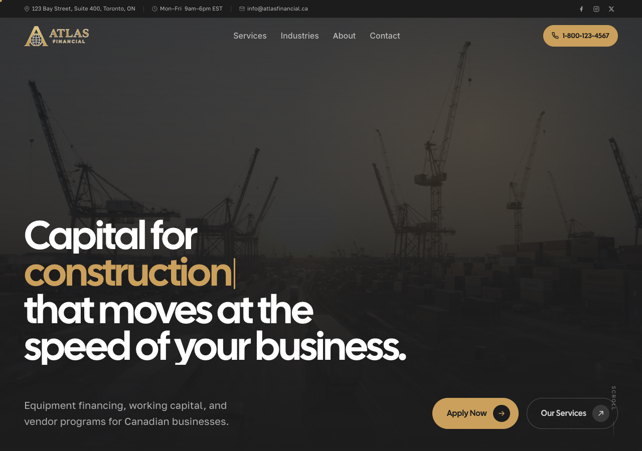 Atlas Financial website hero — cinematic dark background with gold headline