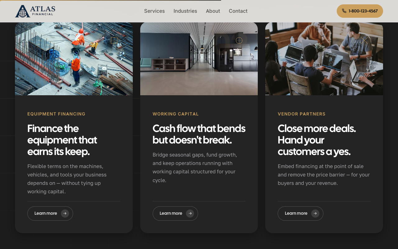 Atlas Financial — Three service cards: Equipment Financing, Working Capital, Vendor Partners