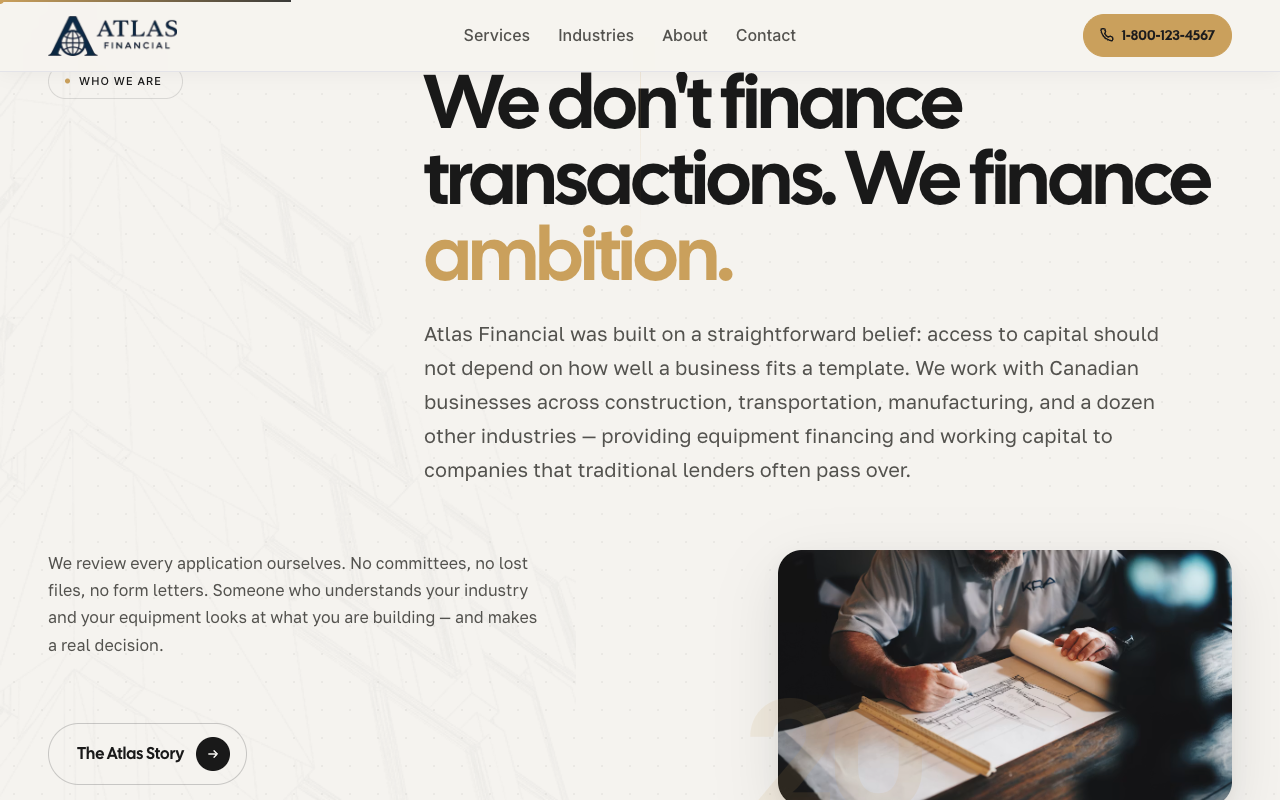 Atlas Financial — About section: We don't finance transactions. We finance ambition.