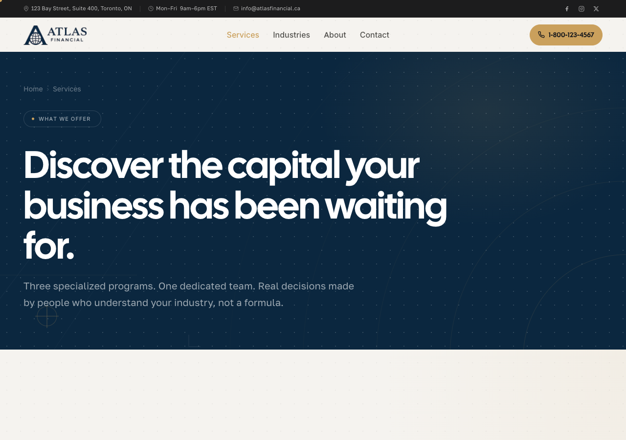 Atlas Financial — Services overview page hero: Discover the capital your business has been waiting for.