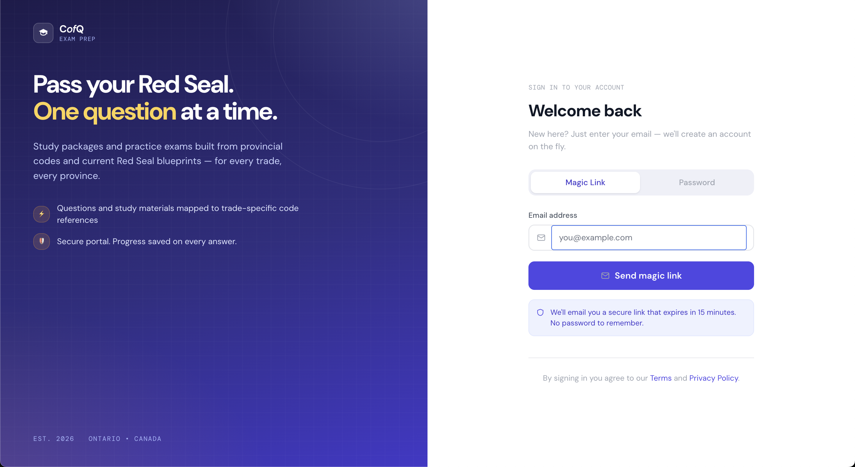 CofQ — app landing page with magic-link sign-in interface