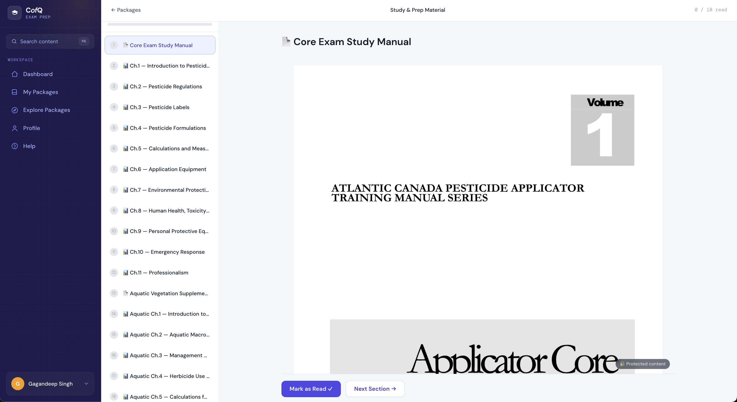 CofQ — Study material reader with chapter navigation sidebar